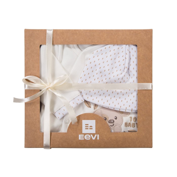 Ecru baby set with bodysuit, sleepsuit, footed pants and hats