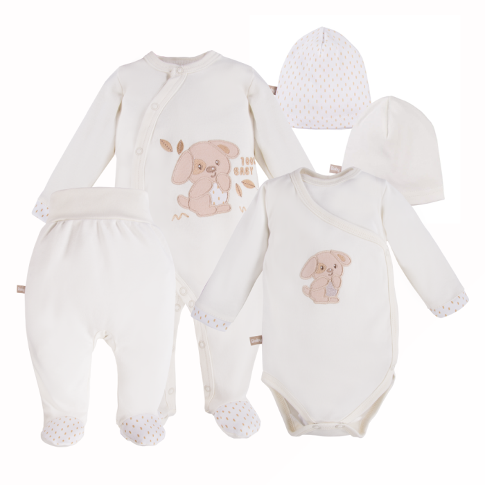 Ecru baby set with bodysuit, sleepsuit, footed pants and hats