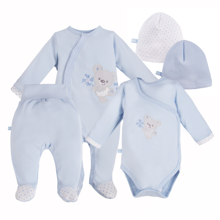 Blue baby set with bodysuit, sleepsuit, footed pants and hats