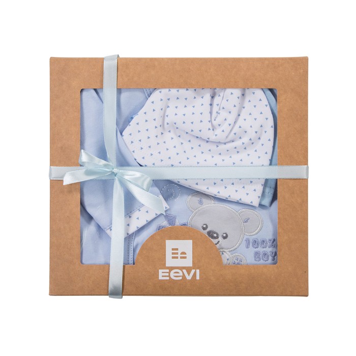 Blue baby set with bodysuit, sleepsuit, footed pants and hats