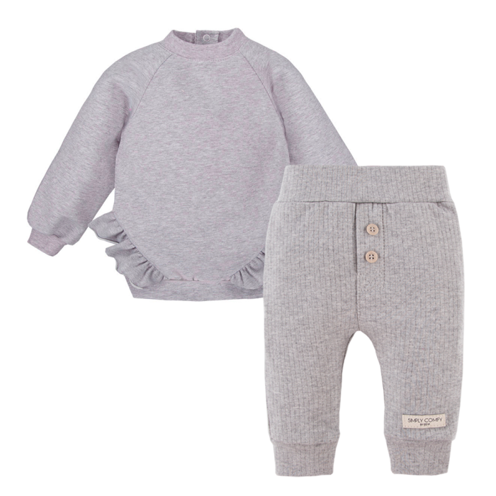 Grey ribbed leggings and ruffle sweatshirt set