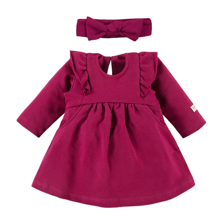 Burgundy dress with ruffles and bow headband set