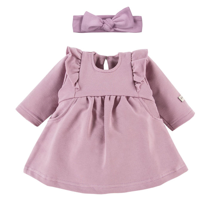 Dress with ruffles and bow headband set purple