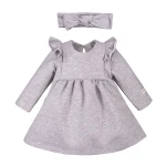 Dress with ruffles and bow headband set grey