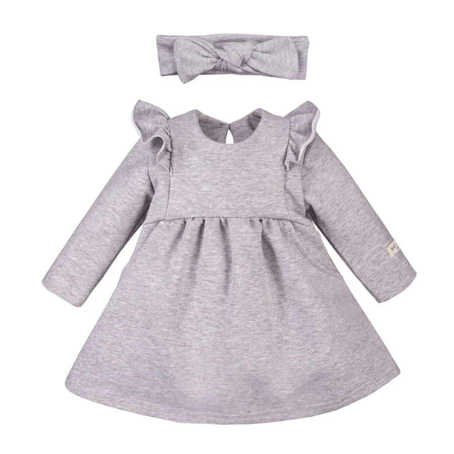 Dress with ruffles and bow headband set grey