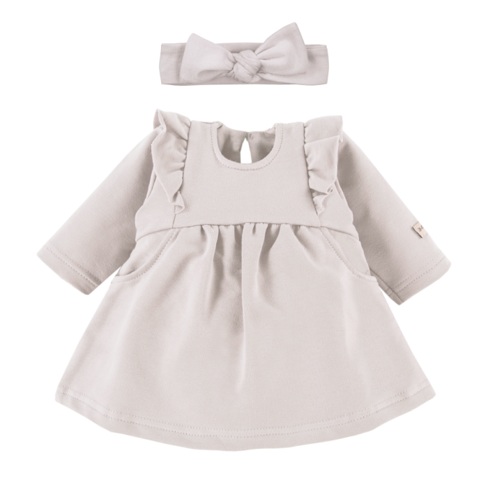 Dress with ruffles and bow headband set beige