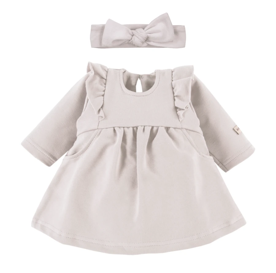 Dress with ruffles and bow headband set beige
