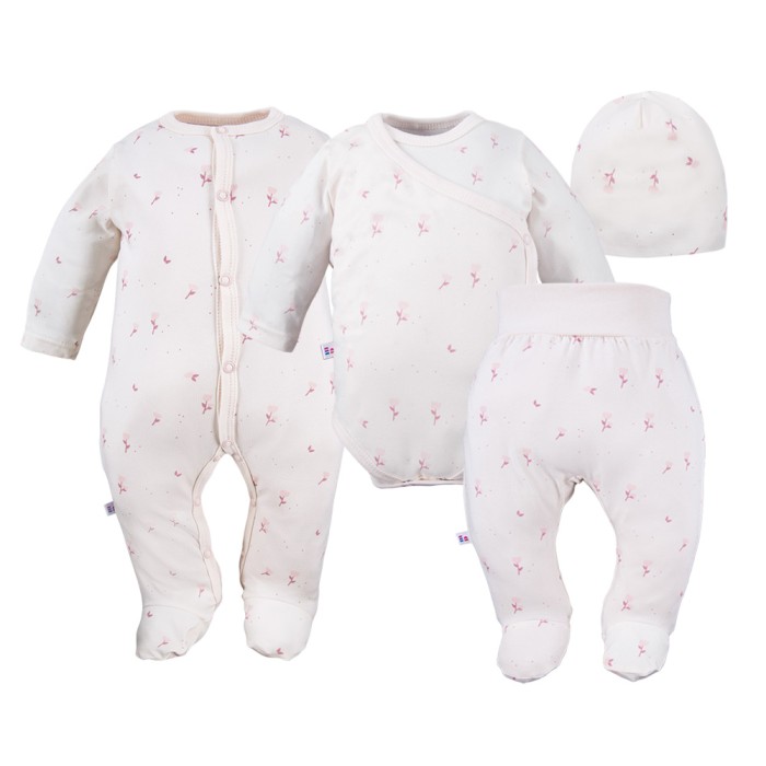 Baby set: bodysuit, footed pants, hat and floral cream sleepsuit