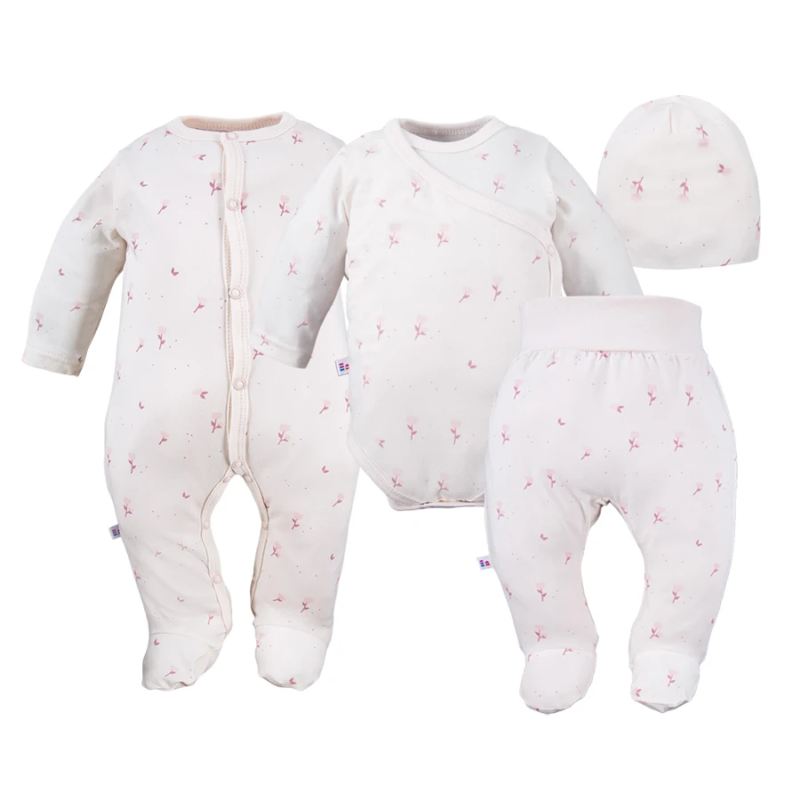 Baby set: bodysuit, footed pants, hat and floral cream sleepsuit