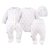 Baby set: bodysuit, footed pants, hat and white sleepsuit with blue balloons