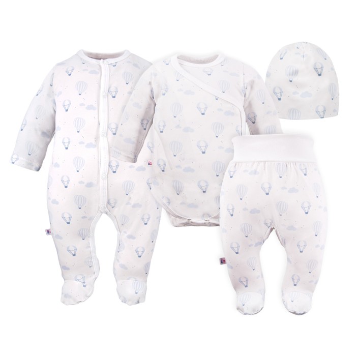 Baby set: bodysuit, footed pants, hat and white sleepsuit with blue balloons