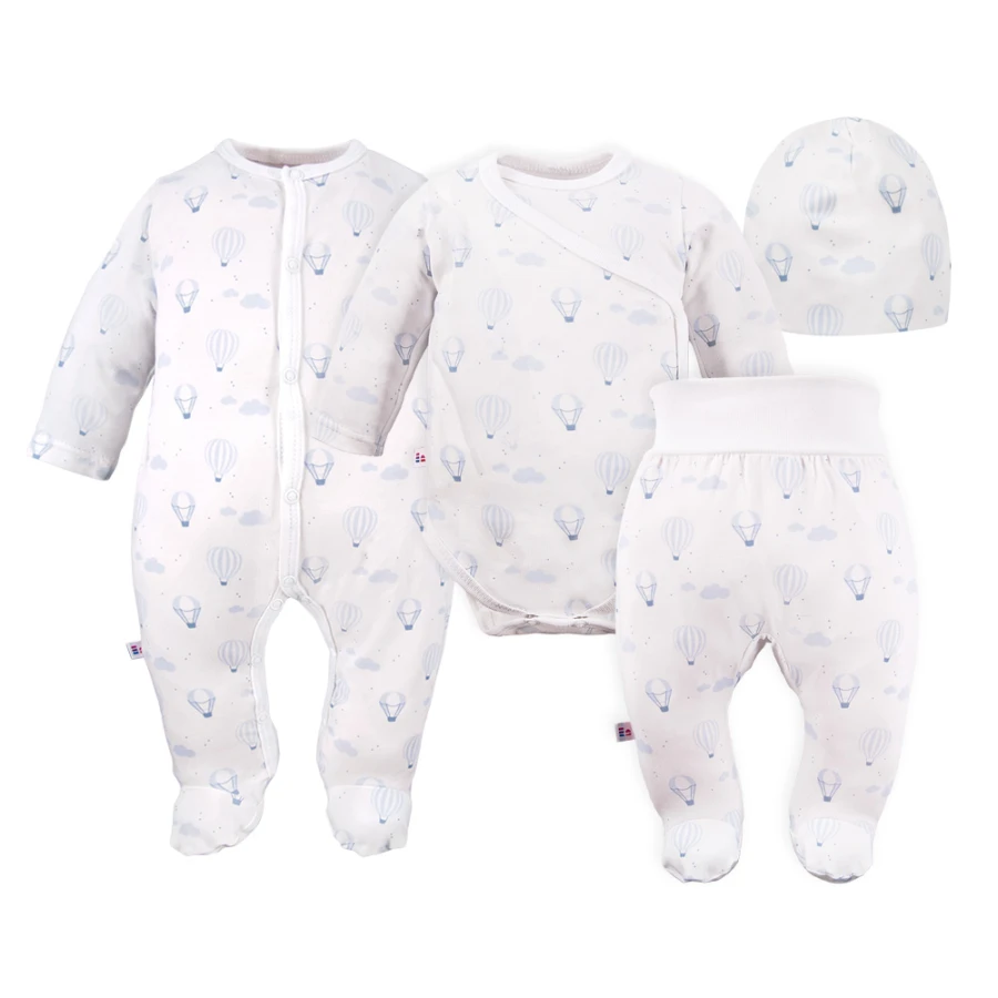 Baby set: bodysuit, footed pants, hat and white sleepsuit with blue balloons