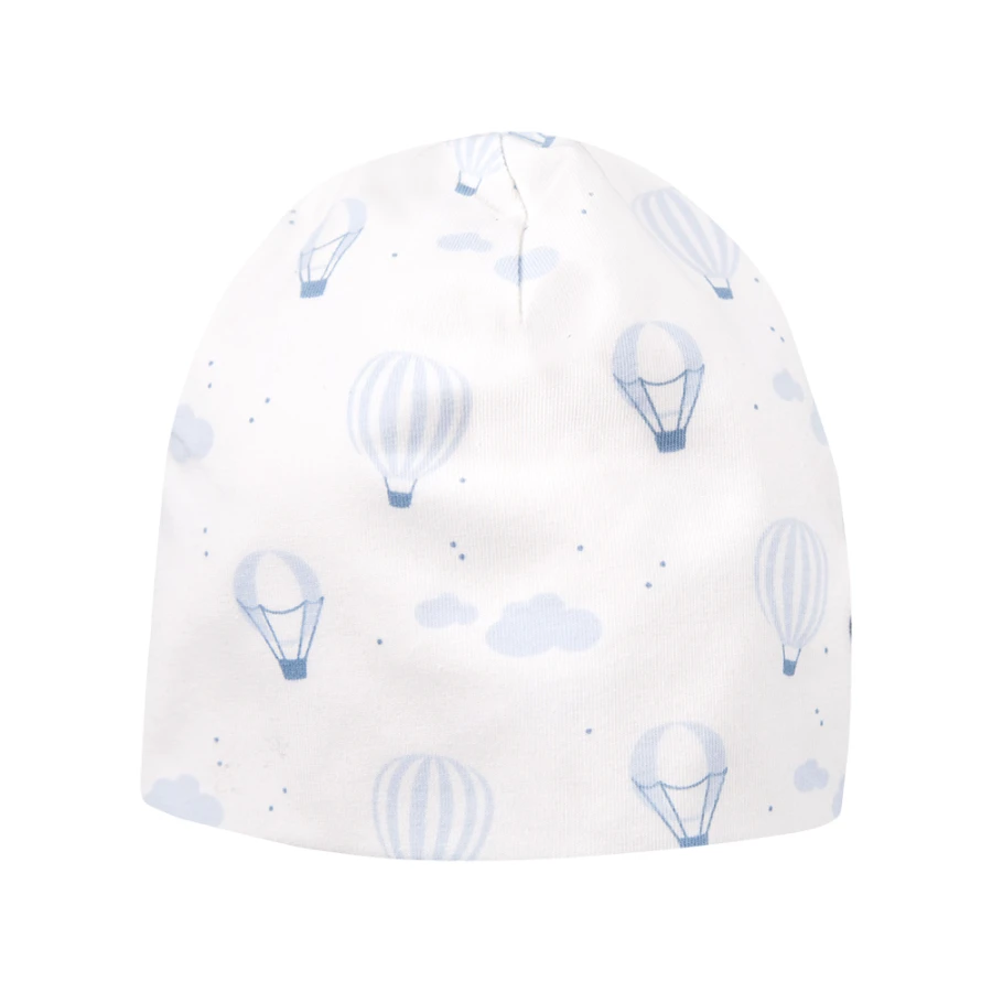 Baby set: bodysuit, footed pants, hat and white sleepsuit with blue balloons