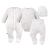Baby set: bodysuit, footed pants, hat and ecru sleepsuit with stars