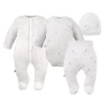 Baby set: bodysuit, footed pants, hat and ecru sleepsuit with stars