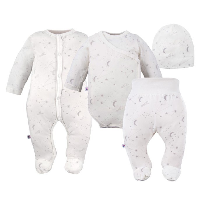 Baby set: bodysuit, footed pants, hat and ecru sleepsuit with stars