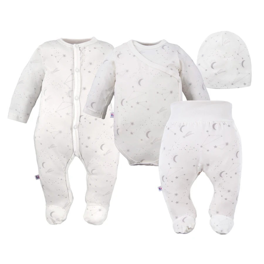 Baby set: bodysuit, footed pants, hat and ecru sleepsuit with stars