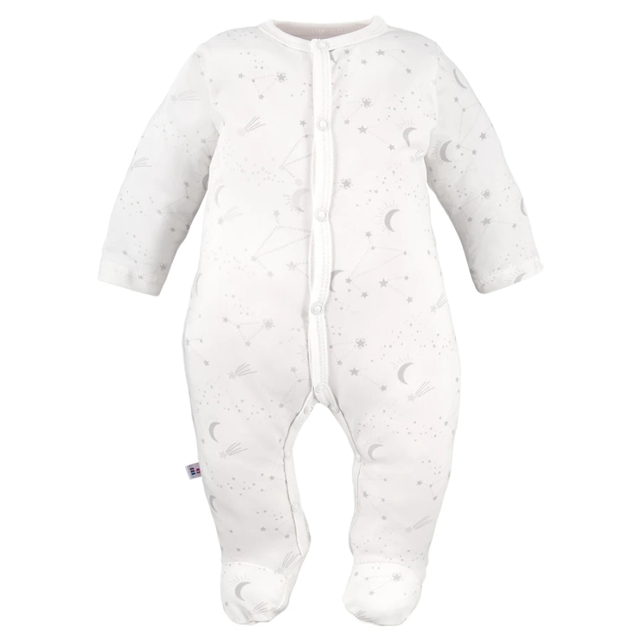 Baby set: bodysuit, footed pants, hat and ecru sleepsuit with stars