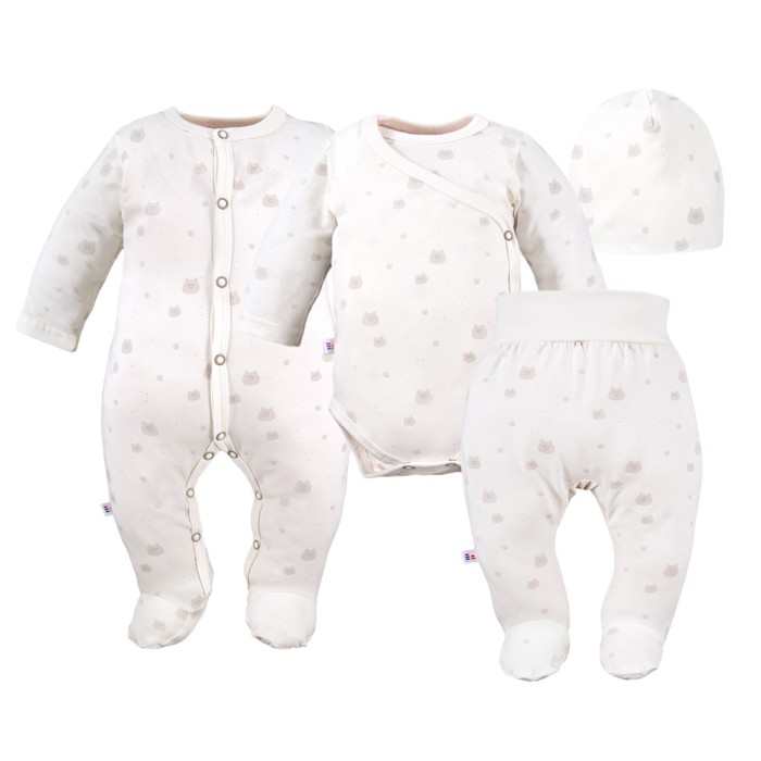 Baby set: bodysuit, footed pants, hat and ecru sleepsuit with teddy bears
