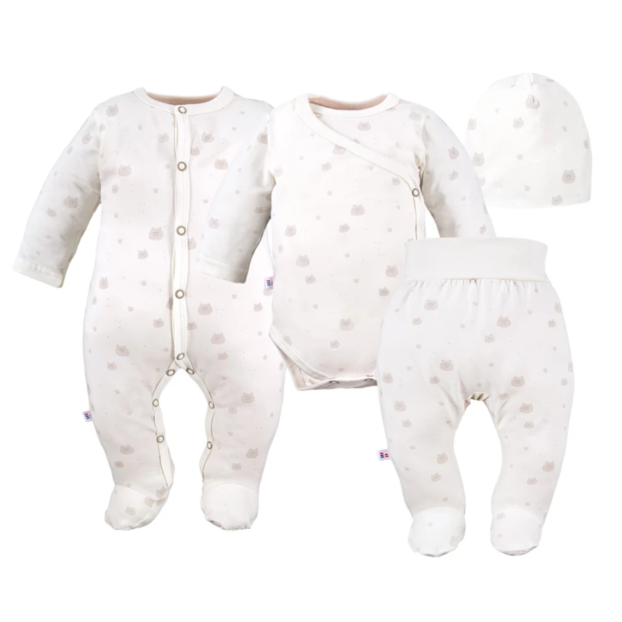 Baby set: bodysuit, footed pants, hat and ecru sleepsuit with teddy bears