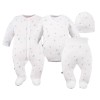Baby set: bodysuit, footed pants, hat and white sleepsuit with leaf pattern
