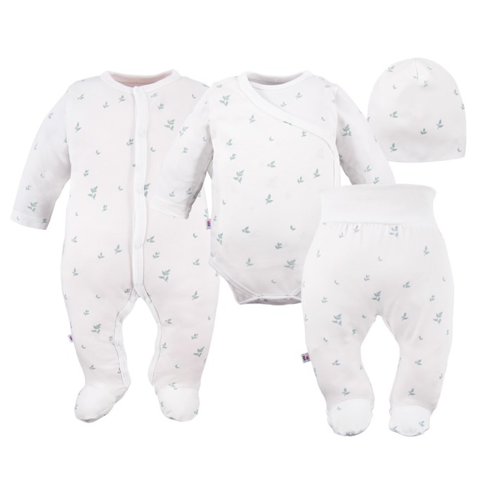 Baby set: bodysuit, footed pants, hat and white sleepsuit with leaf pattern