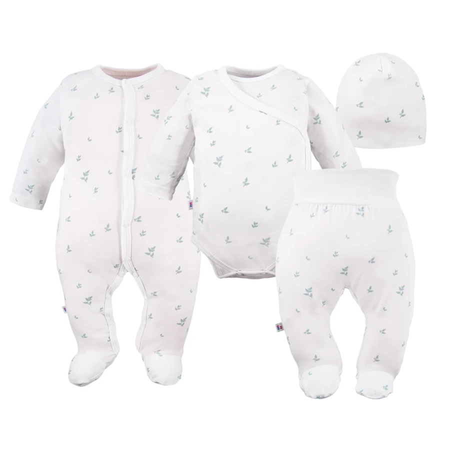Baby set: bodysuit, footed pants, hat and white sleepsuit with leaf pattern
