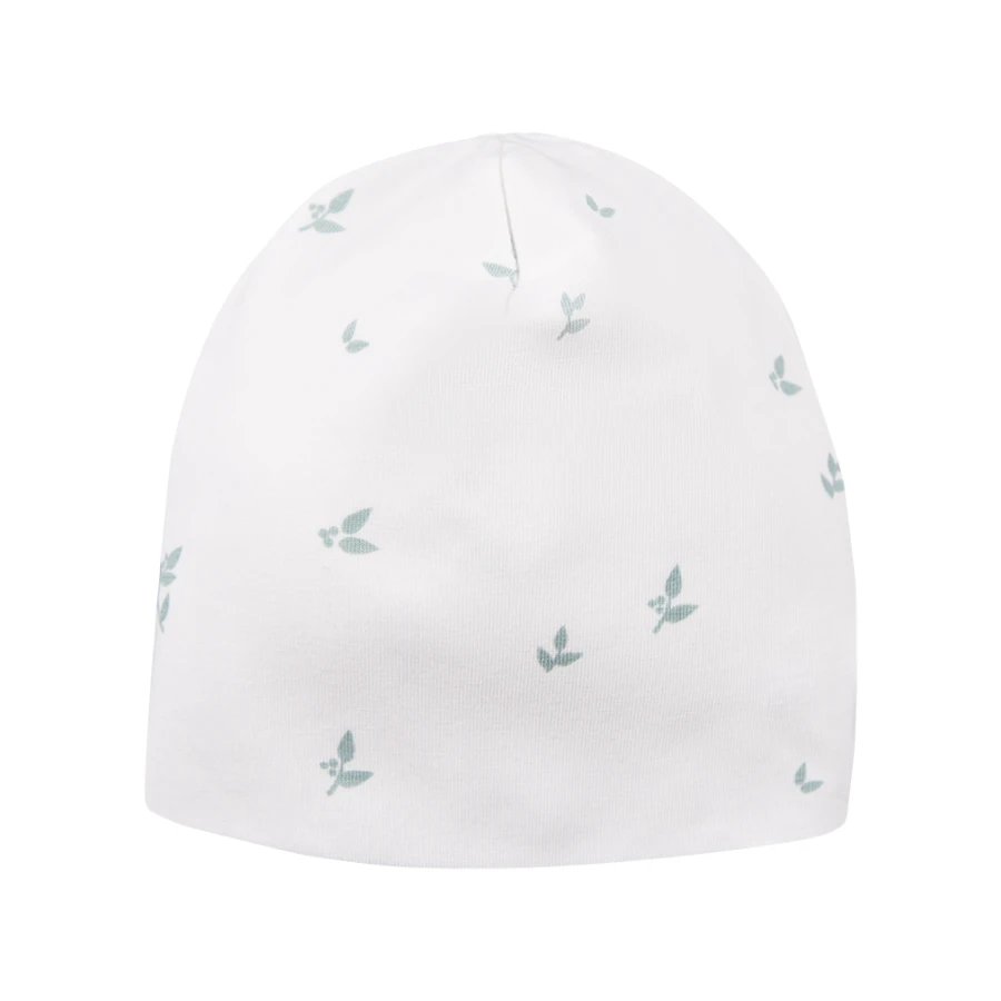 Baby set: bodysuit, footed pants, hat and white sleepsuit with leaf pattern