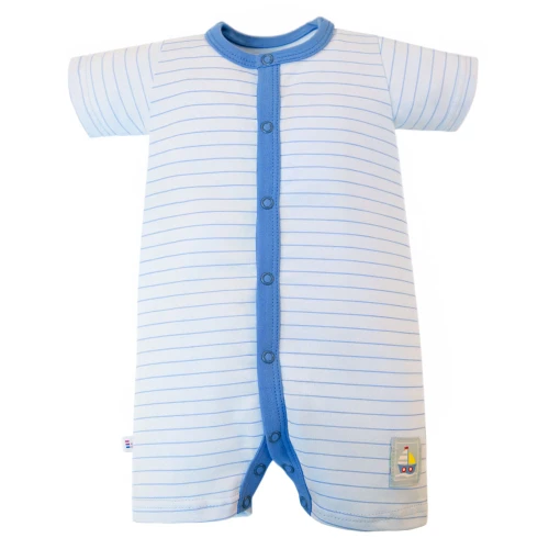 White baby romper with blue stripes