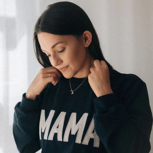 Navy blue sweatshirt with beige "MAMA" embroidery