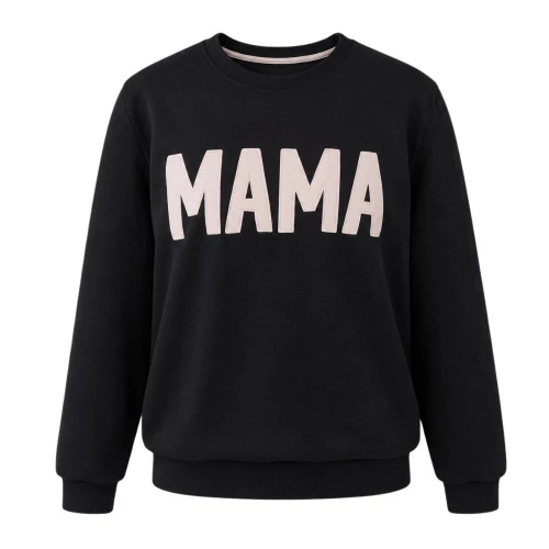Black sweatshirt with beige "MAMA" embroidery