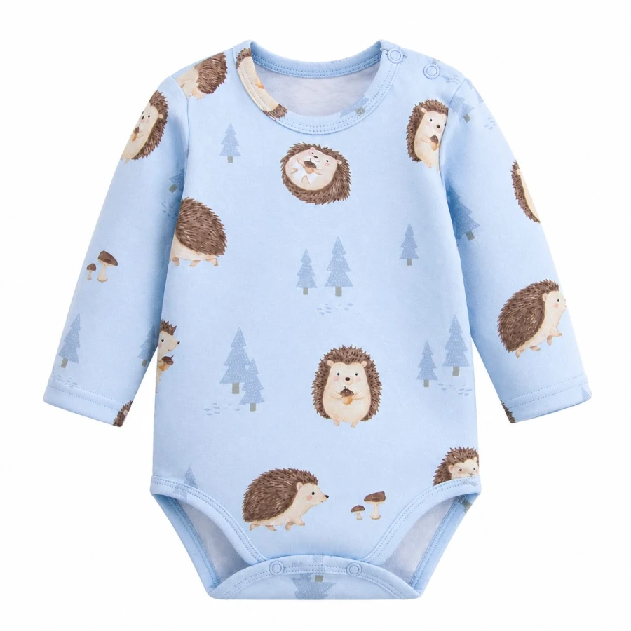 Blue children's long sleeve bodysuit with hedgehog print
