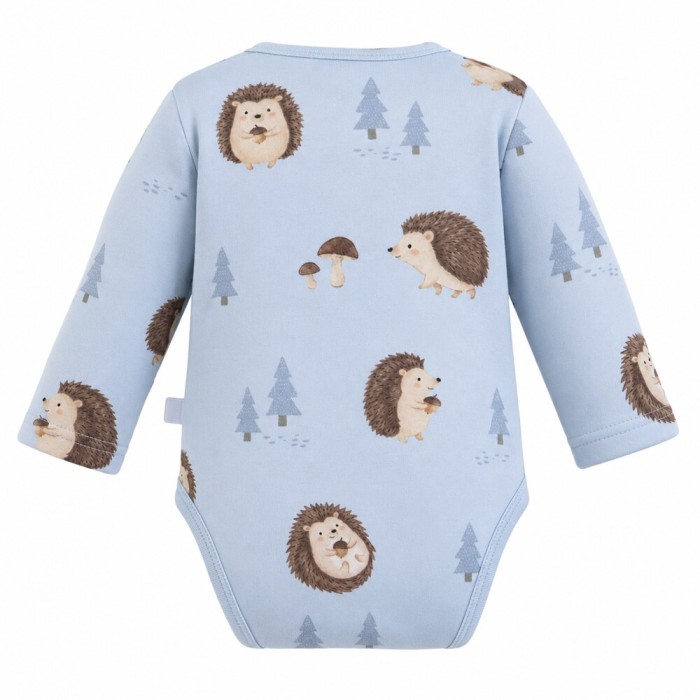 Blue children's long sleeve bodysuit with hedgehog print