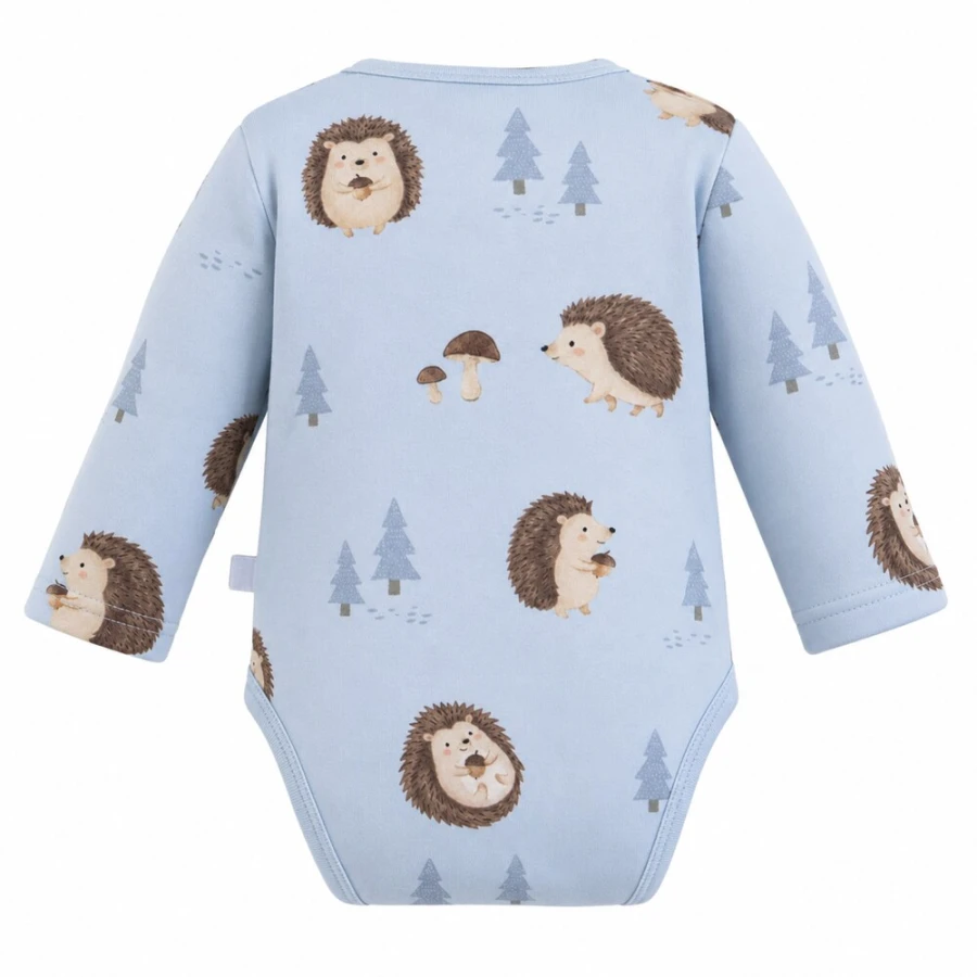 Blue children's long sleeve bodysuit with hedgehog print