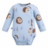 Blue baby wrap bodysuit with long sleeves and hedgehog print