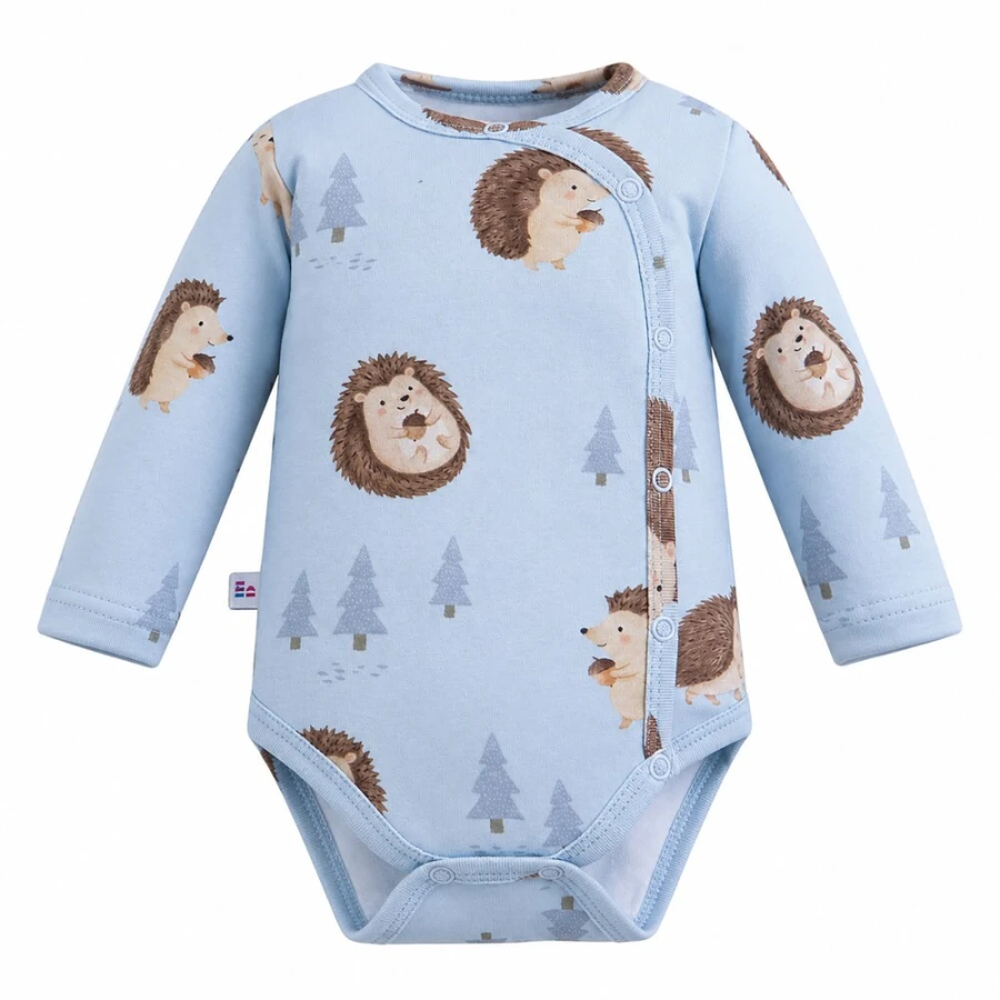 Blue baby wrap bodysuit with long sleeves and hedgehog print
