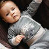 Grey baby wrap bodysuit with long sleeves and hedgehog print