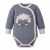 Grey baby wrap bodysuit with long sleeves and hedgehog print