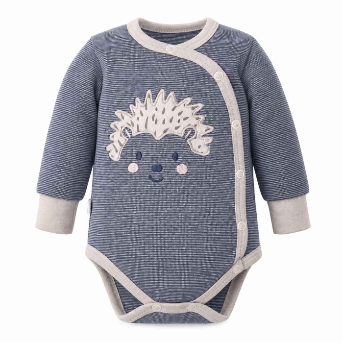 Grey baby wrap bodysuit with long sleeves and hedgehog print