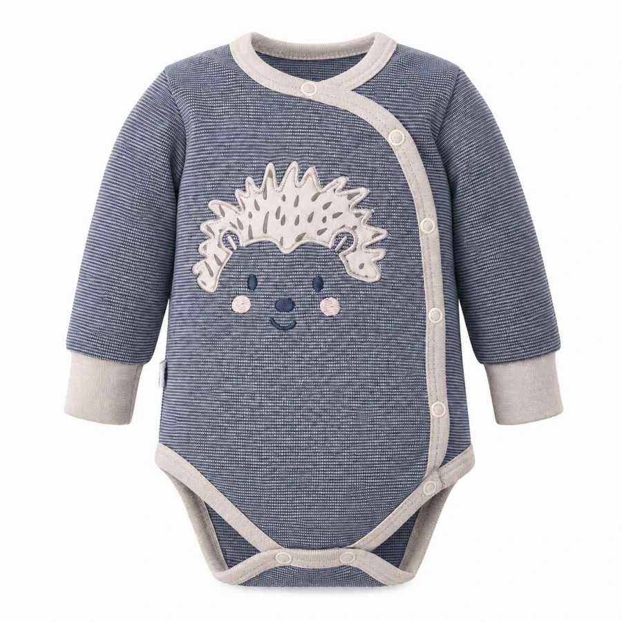 Grey baby wrap bodysuit with long sleeves and hedgehog print
