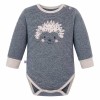 Grey baby bodysuit with long sleeves and hedgehog print
