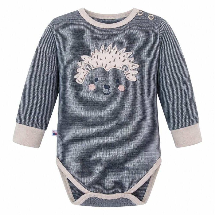Grey baby bodysuit with long sleeves and hedgehog print