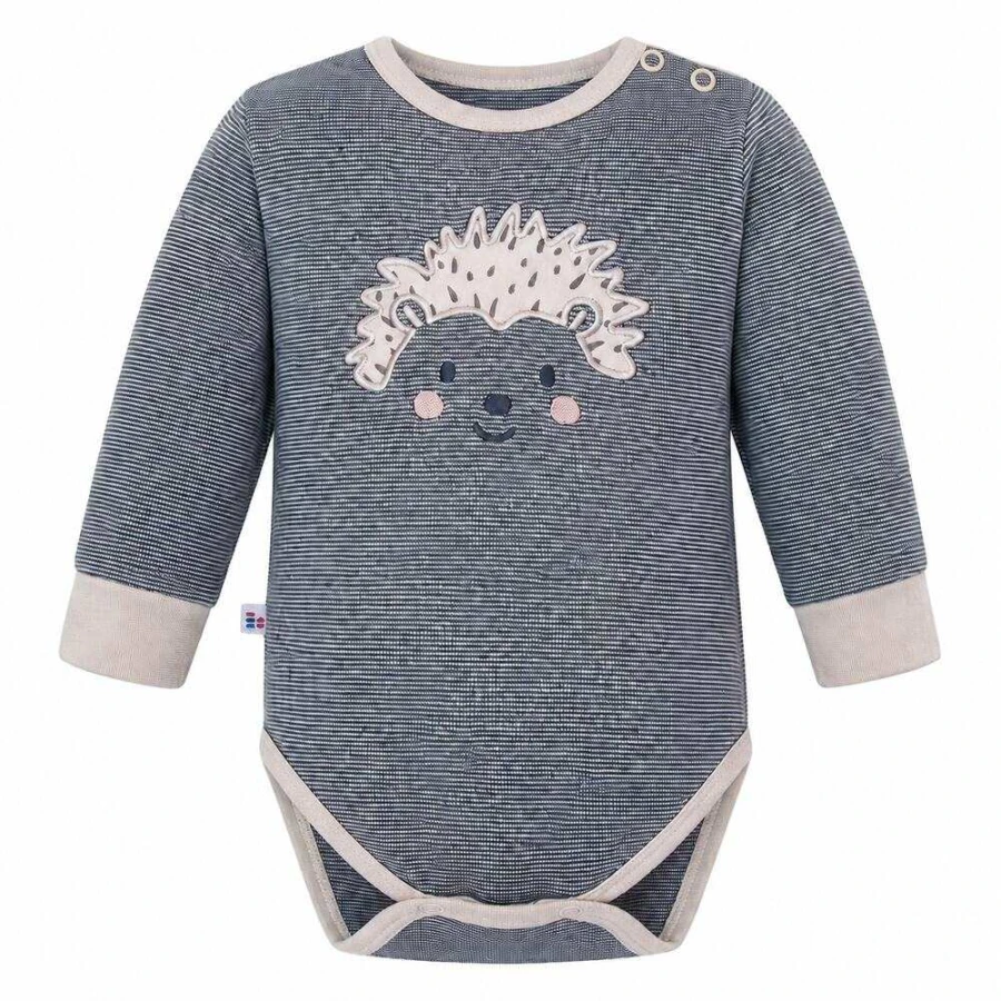 Grey baby bodysuit with long sleeves and hedgehog print