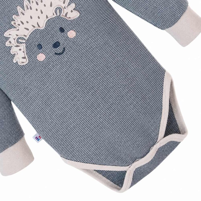 Grey baby bodysuit with long sleeves and hedgehog print