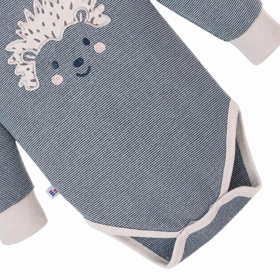 Grey baby bodysuit with long sleeves and hedgehog print