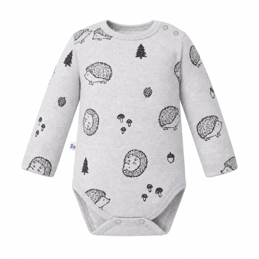 Grey baby long sleeve bodysuit with hedgehog print