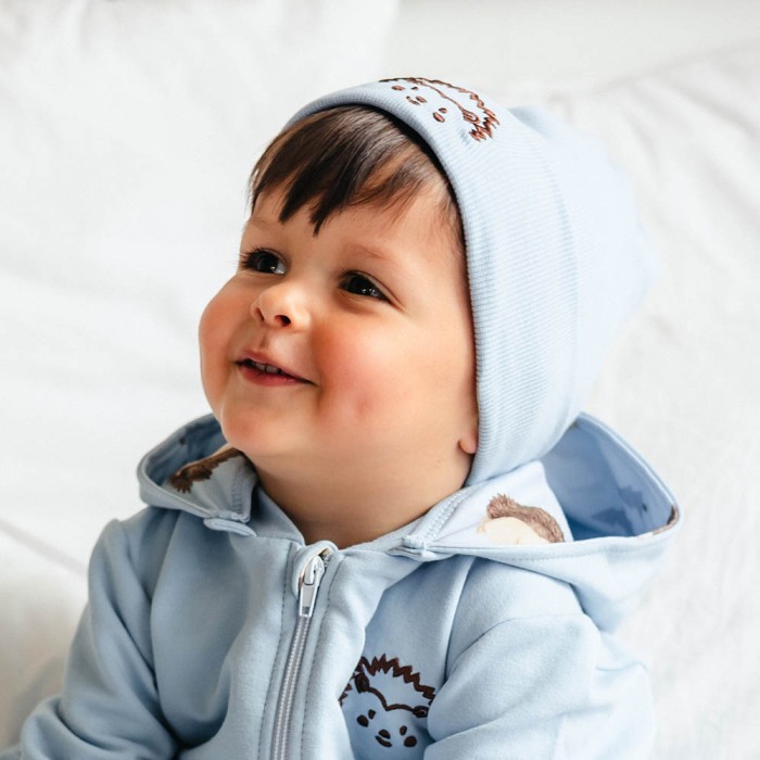 Blue children's hat with hedgehog embroidery