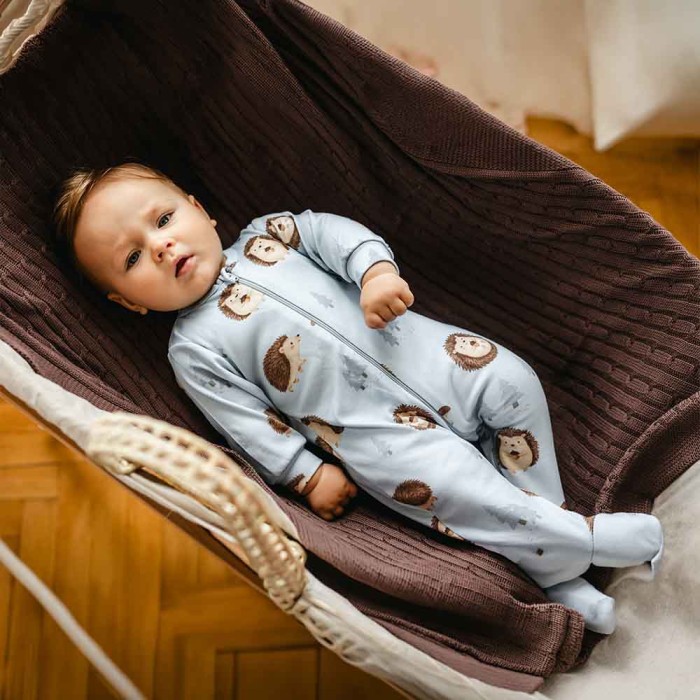 Blue baby romper with feet and hedgehog print