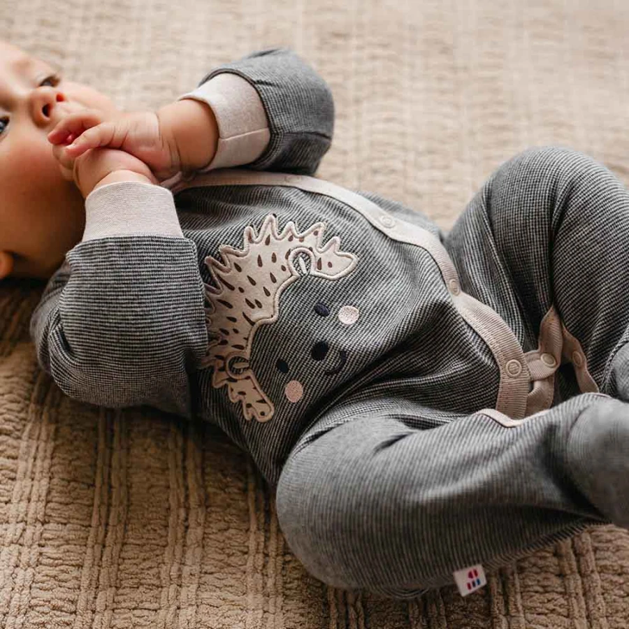 Grey striped baby romper with feet and hedgehog embroidery
