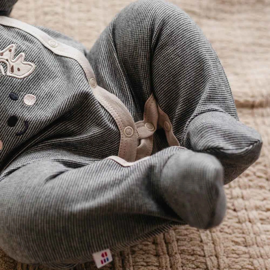 Grey striped baby romper with feet and hedgehog embroidery